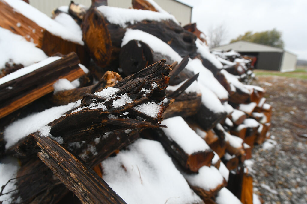 Snow covers a pile of logs along Coats Ln. Monday in McBaine, Mo.